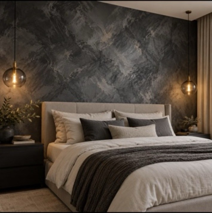Dark decorative feature wall with warm lighting