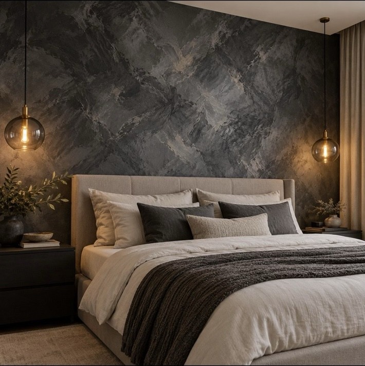Dark decorative feature wall in a bedroom