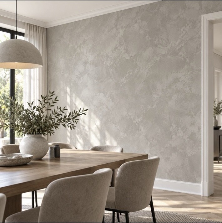 Soft grey decorative wall finish in a dining room