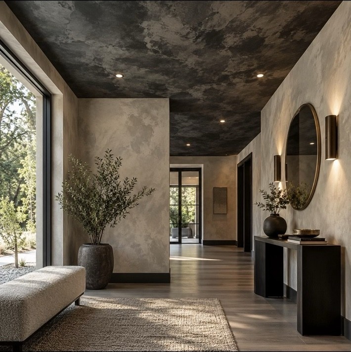 Dark textured ceiling and neutral walls in a hallway